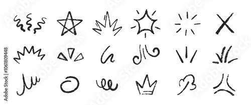 Line movement elements, star, wave with crayon, chalk and pastel texture. Doodle vector illustration.