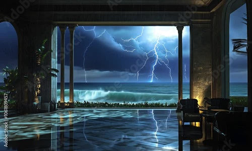 Wallpaper Mural Lightning illuminates a stormy ocean, seen from a secure villa window. Torontodigital.ca