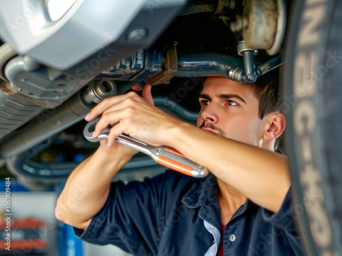 A man is working on a car under the hood. He is wearing a blue shirt and a black cap