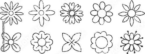 Collection of flowers with chalk, pastel or crayon texture. Summer hand drawn vector illustration.