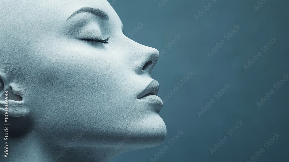 A woman's face is shown in a blue background A woman's face is shown in a blue background