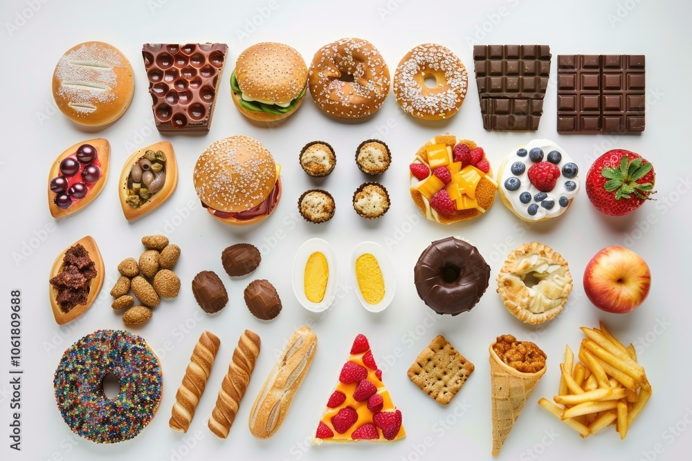 An Arrangement of Various Food Items on a White Surface An Arrangement of Various Food Items on a White Surface