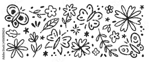 Set of butterflies, flowers and herbs with charcoal, pastel or crayon texture. Summer doodle vector illustration.