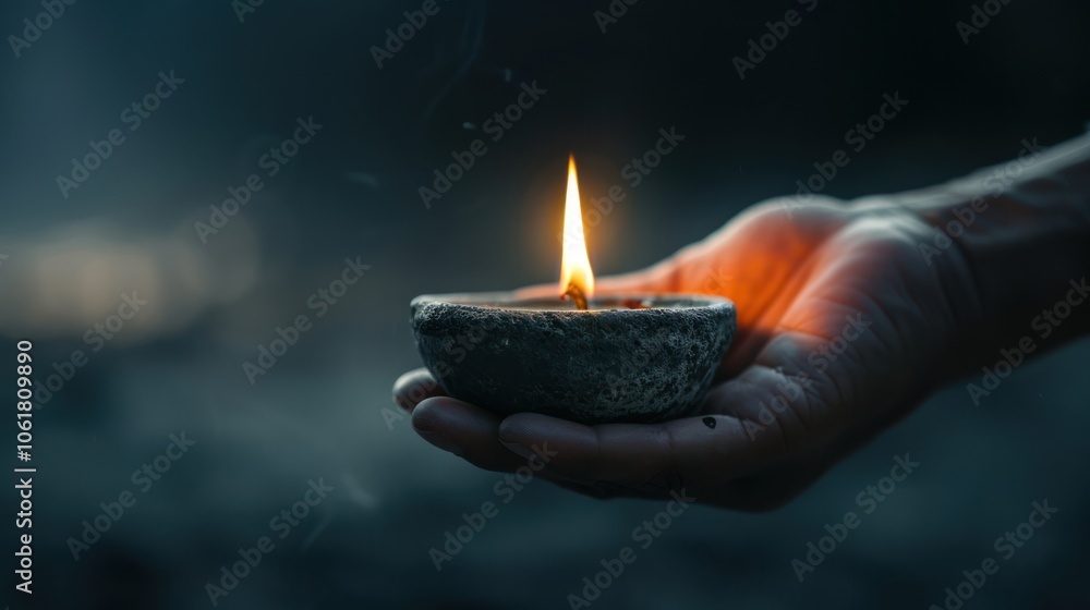A hand holds a small stone bowl with a flickering flame, set against a blurred dark background, evoking warmth and tranquility. A hand holds a small stone bowl with a flickering flame, set against a blurred dark background, evoking warmth and tranquility.