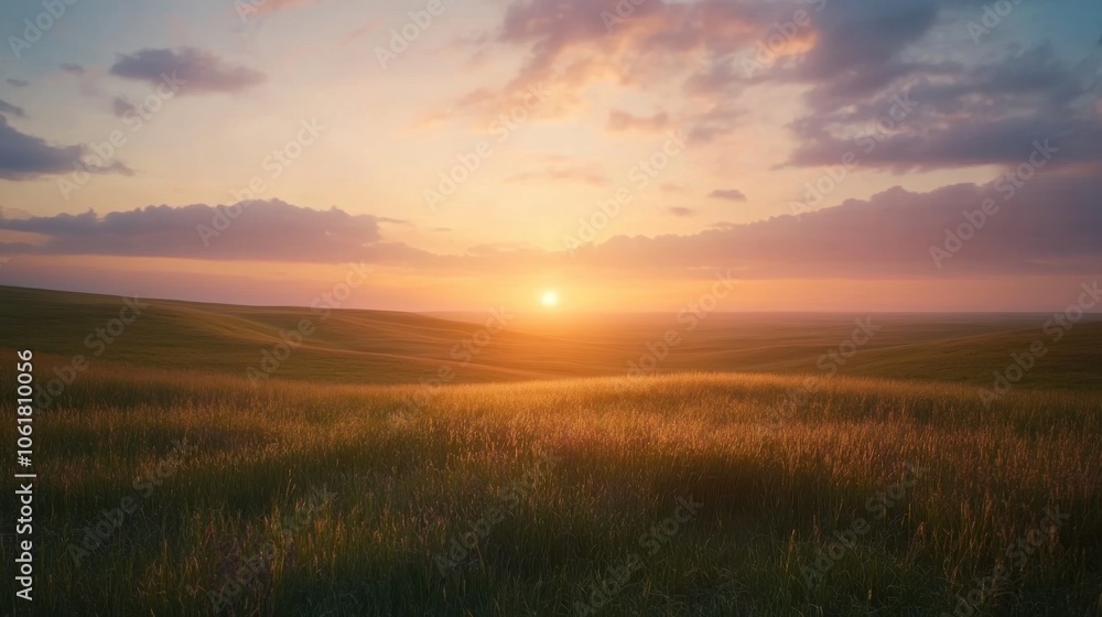 Fototapeta premium Explore the stunning sunset over the vast Flint Hills, showcasing the endless rolling landscape bathed in warm golden light