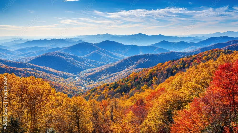 Stunning autumn landscape along the Blue Ridge Parkway showcasing vibrant fall foliage under a clear blue sky Stunning autumn landscape along the Blue Ridge Parkway showcasing vibrant fall foliage under a clear blue sky