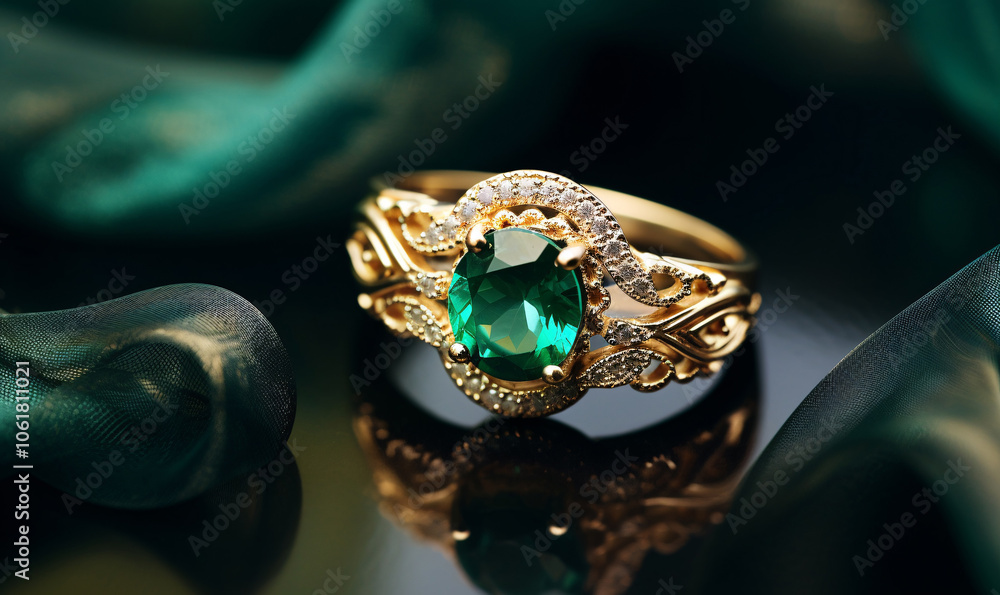 Beautiful elegant luxury composition of gold jewelry with chain and ring with white emerald gemstone and diamonds on a velvety green background. close-up macro. Beautiful elegant luxury composition of gold jewelry with chain and ring with white emerald gemstone and diamonds on a velvety green background. close-up macro.