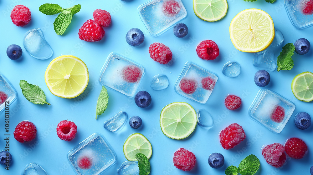 A banner showcasing a blue background with a variety of ice cubes filled with frozen berries (like raspberries and blueberries), slices of citrus fruits (like lemon and lime), and fresh mint leaves. A banner showcasing a blue background with a variety of ice cubes filled with frozen berries (like raspberries and blueberries), slices of citrus fruits (like lemon and lime), and fresh mint leaves.