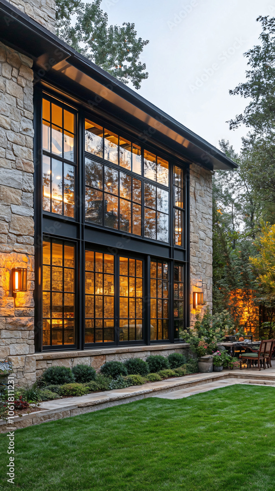 Modern house exterior at twilight, featuring large windows illuminating the backyard and patio area Modern house exterior at twilight, featuring large windows illuminating the backyard and patio area