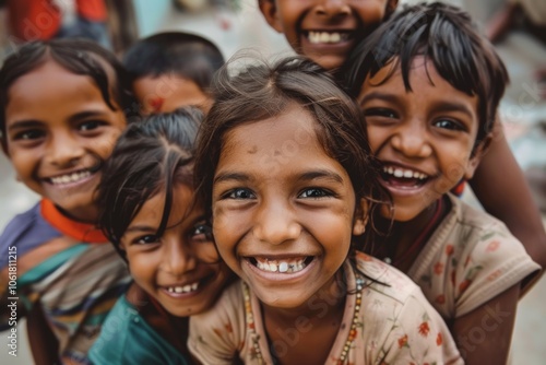 Indian children smiling and looking at the camera in a village in India