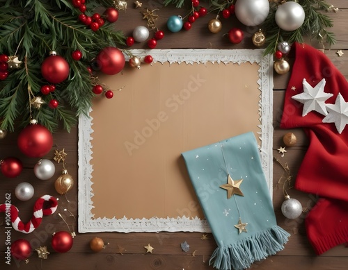 A flat lay of Christmas decorated paper, adorned with gold stars and silver ornaments, on a rustic dark  wooden table, with a cozy red and white knitted scarf beside it. fir beanches, small lights,  photo