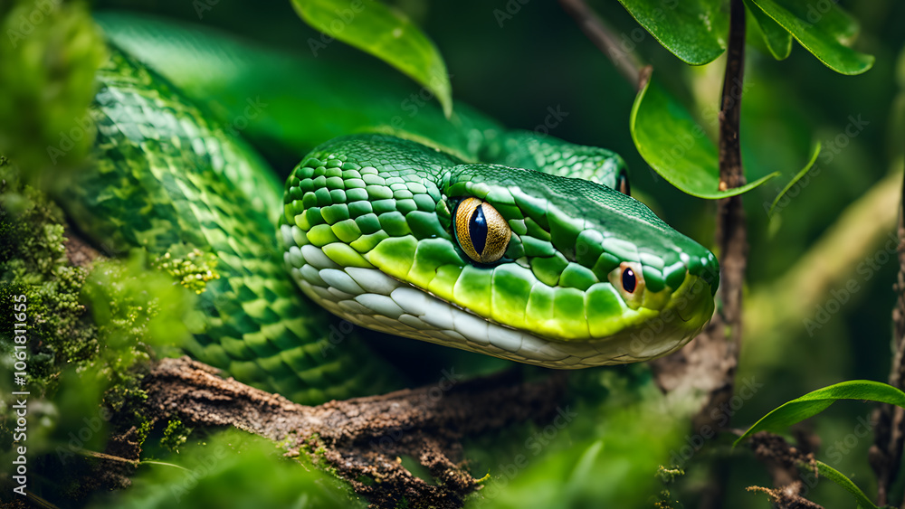 A green snake is on a branch A green snake is on a branch