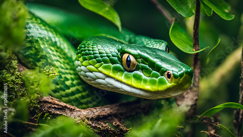 A green snake is on a branch