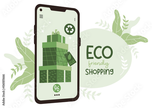 Eco-Friendly Online Shopping with Gifts. Vector illustration promoting purchase natural environmentally friendly with mobile phone. Holiday green gift boxes with sustainability symbol