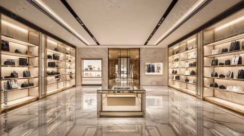 Luxury retail store interior with marble floors, gold shelves, and display cases showcasing high-end handbags. photo