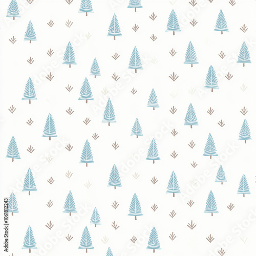 Seamless pattern with blue Christmas trees and subtle brown accents on light background, creating festive and minimalist design. Perfect for holiday decorations and wrapping paper