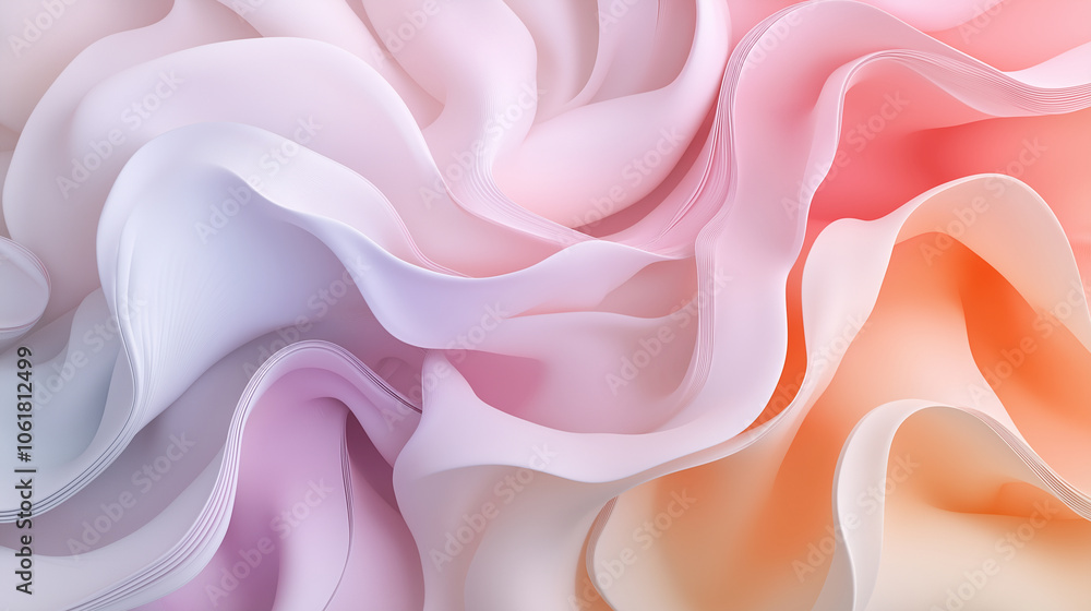 Fototapeta premium A 3D extruded abstract featuring long, ribbon-like forms of flowing colors in soft, pastel shades.