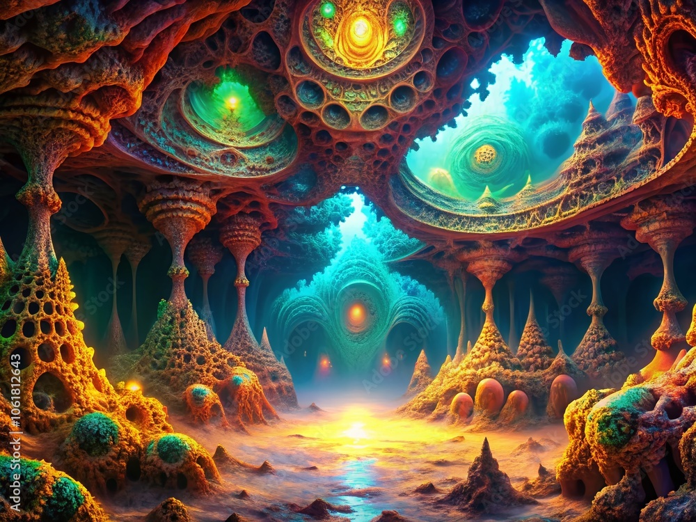 Fototapeta premium Stunning 3D Fractal Alien Cave Background - Long Exposure Abstract Design with Vibrant Colors and Intricate Patterns for Digital Art and Visual Exploration