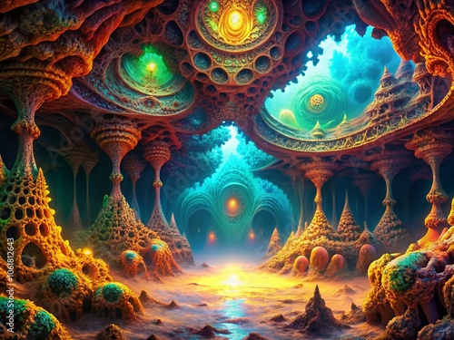 Stunning 3D Fractal Alien Cave Background - Long Exposure Abstract Design with Vibrant Colors and Intricate Patterns for Digital Art and Visual Exploration