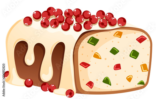 Christmas Fruit Cake Loaf with Cranberries and Cream Poured on Top - Tutti Frutti Festive Cake Isolated