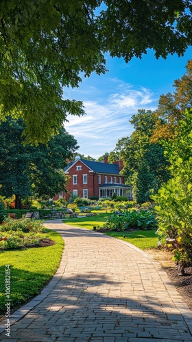 A serene stroll through the historic garden grounds on a sunny day with lush greenery and a charming brick house