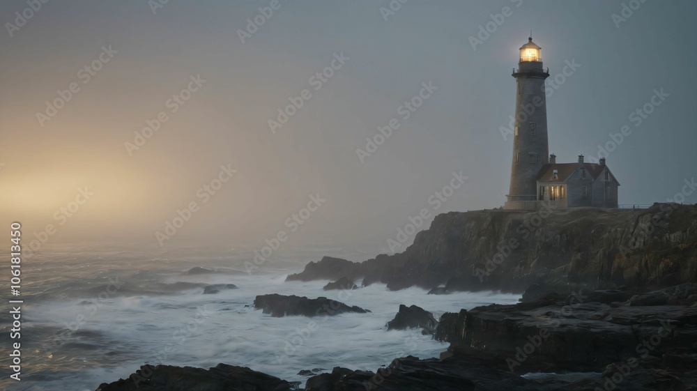 Historic lighthouse casting a warm glow over a foggy rocky coastline Historic lighthouse casting a warm glow over a foggy rocky coastline