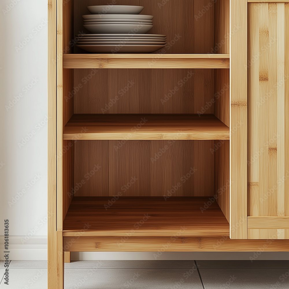 Fototapeta premium A part of a kitchen interior design with shelves made of light birch in a cabinet for storing dishes and assorted utensils. Pile of plates