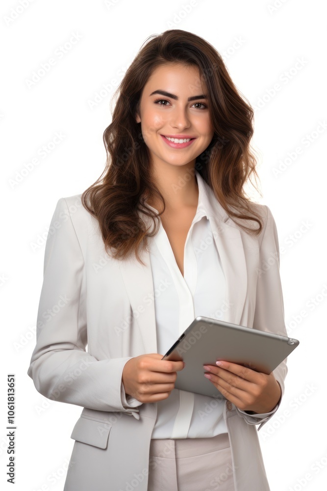 Young modern business woman looking at the tablet screen while working computer portrait smile. Young modern business woman looking at the tablet screen while working computer portrait smile.