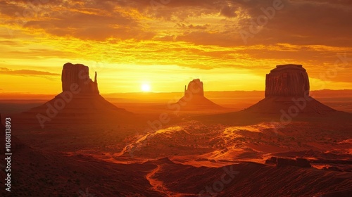 A stunning sunset over the iconic rock formations of Monument Valley casting golden hues across the desert landscape