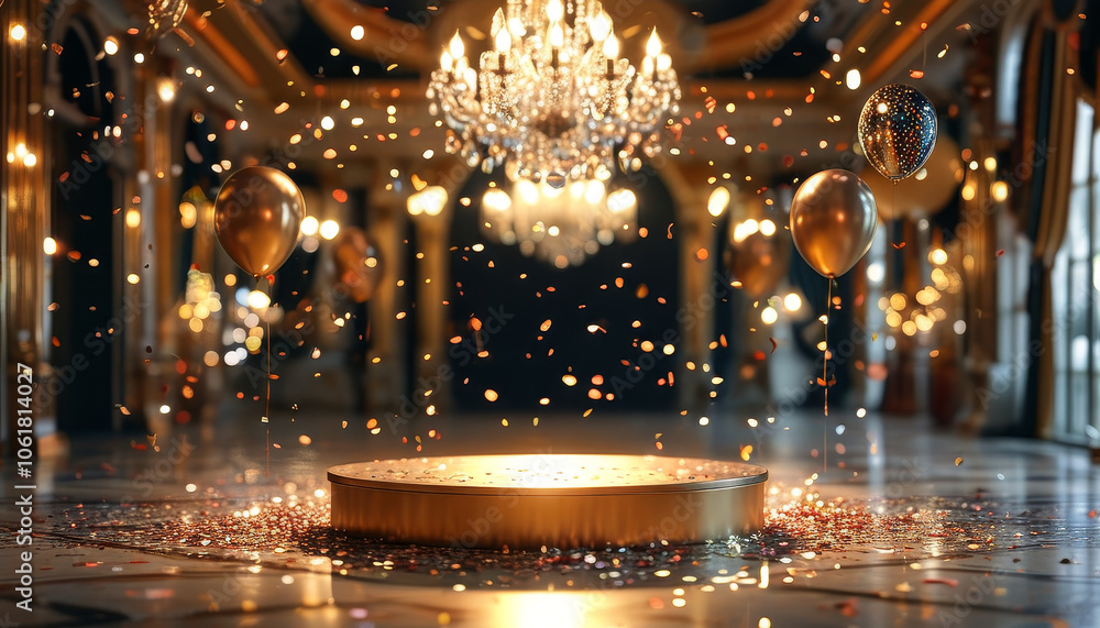 Obraz premium product display podium metallic gold, luxurious ballroom decorated for a New Year’s Eve gala, Crystal chandeliers hang overhead, warm glow, balloons, confetti, ad, podium platform, product present
