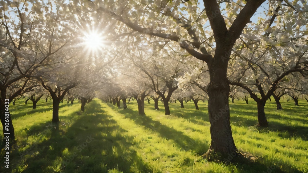 Sunlight streaming through an orchard in full bloom Sunlight streaming through an orchard in full bloom