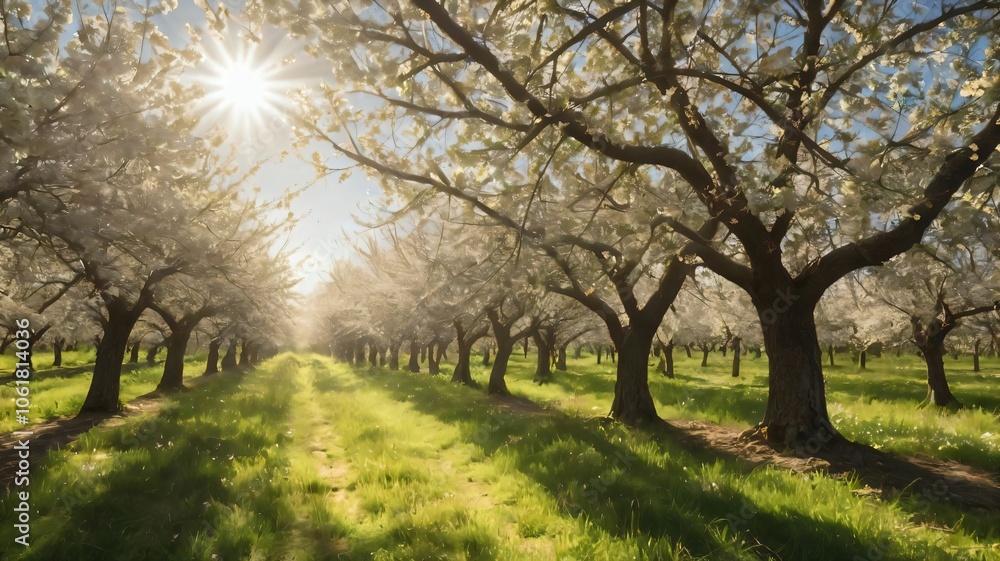 Sunlight streaming through an orchard in full bloom
