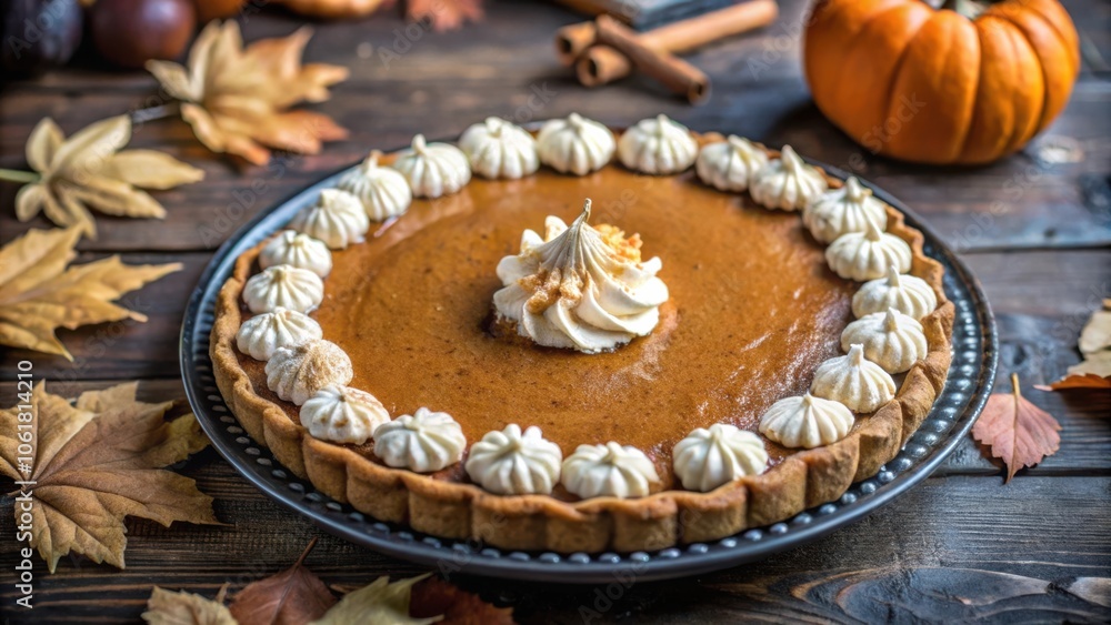 A rustic autumnal scene featuring a delicious pumpkin pie topped with fluffy meringue and surrounded by golden fall leaves.