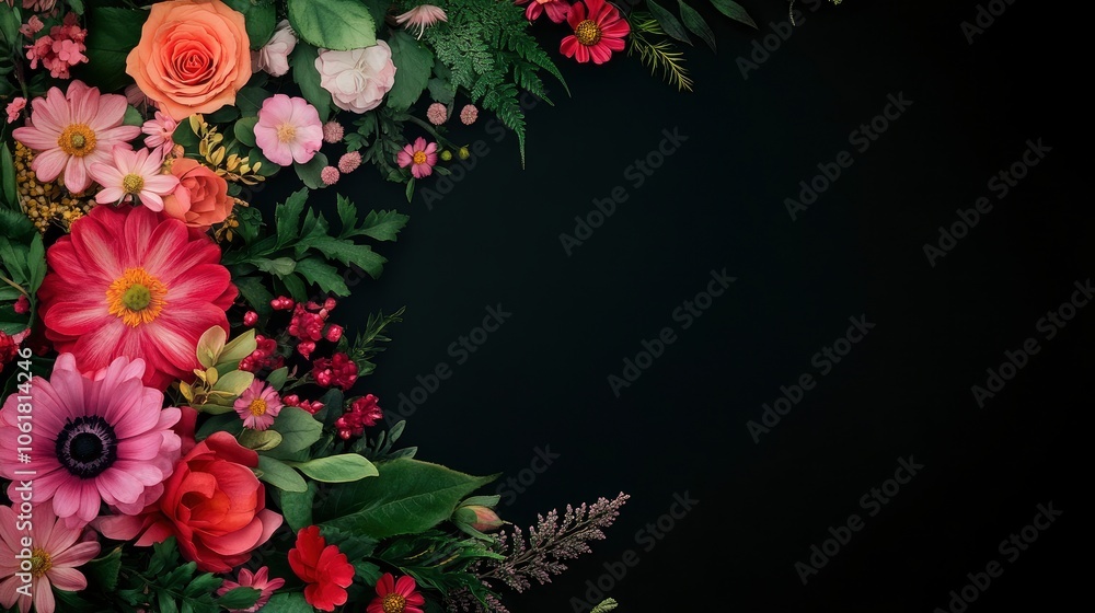 Floral Corner Border on Black Background Floral Corner Border on Black Background