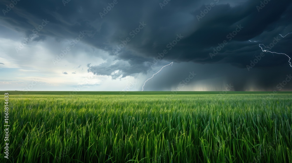 A dramatic sky looms over a vibrant green field, hinting at an approaching storm, with dark clouds contrasting against the lush landscape. A dramatic sky looms over a vibrant green field, hinting at an approaching storm, with dark clouds contrasting against the lush landscape.