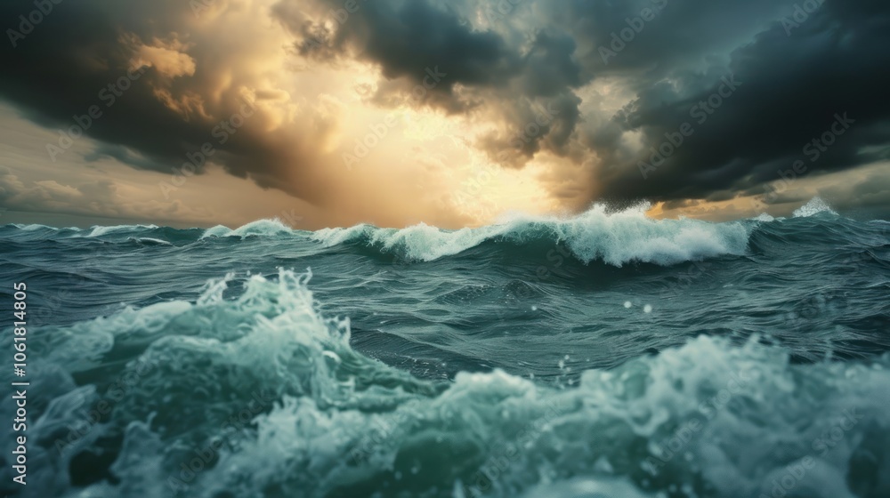 A dramatic ocean scene with turbulent waves under a cloudy sky, illuminated by the warm glow of the setting sun, evoking a sense of power and nature's raw beauty. A dramatic ocean scene with turbulent waves under a cloudy sky, illuminated by the warm glow of the setting sun, evoking a sense of power and nature's raw beauty.