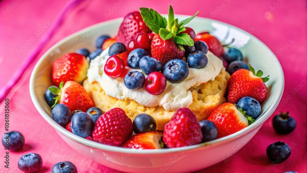 A delightful assortment of fresh strawberries, blueberries, raspberries, and whipped cream, arranged atop a cake base, served in a white bowl on a pink background A delightful assortment of fresh strawberries, blueberries, raspberries, and whipped cream, arranged atop a cake base, served in a white bowl on a pink background