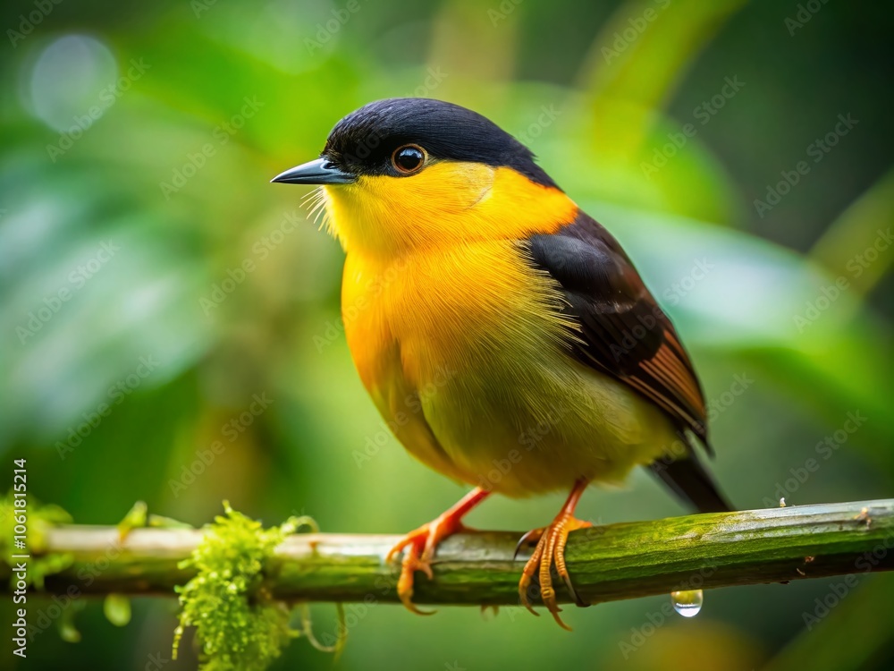 Fototapeta premium Stunning Goldencollared Manakin in Lush Tropical Habitat, Capturing the Beauty of Colombia and Panama's Biodiversity with Black and Yellow Plumage in Natural Forest Setting