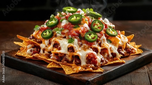 Wallpaper Mural Nachos Piled High with Cheese, Beans, and Jalapenos Closeup of loaded nachos on a rustic tray, Mexican casual food photography, capturing a delicious, indulgent snack 3d illustration Torontodigital.ca