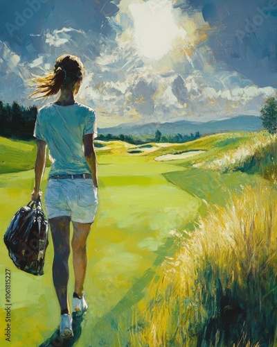 A woman walks confidently along the fairway at a serene golf course, enjoying a sunny day outdoors with her golf bag photo