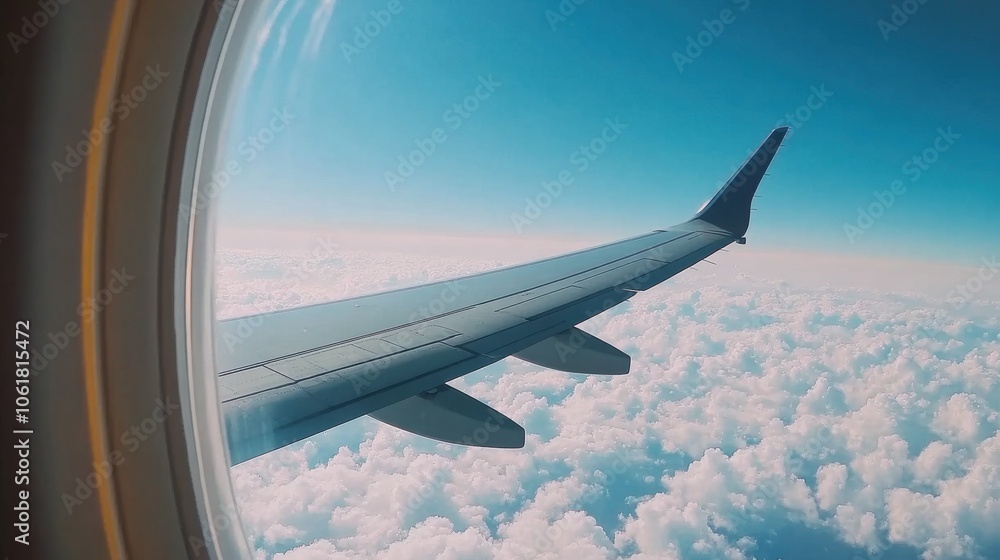 Obraz premium Aerial view through airplane window showcasing wing above fluffy clouds during daylight