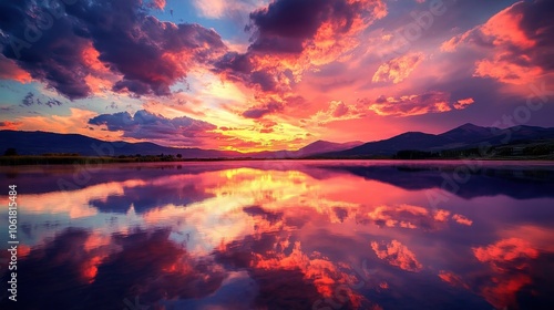 A mesmerizing sunset casts vibrant colors across a mountain range reflecting in a serene lake