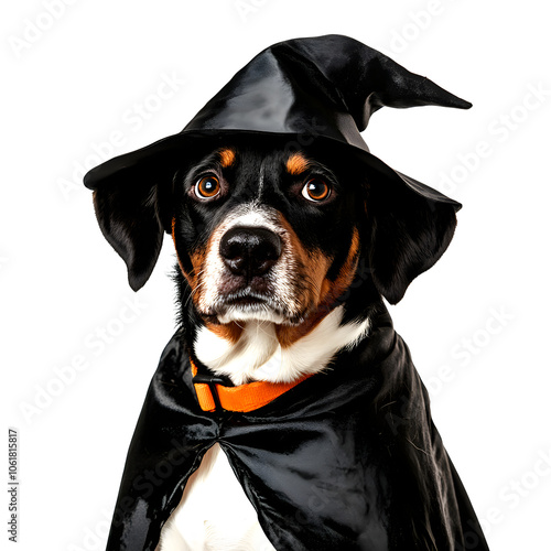 funny entlebucher dog ready for halloween highlighted by white, space for captions, png