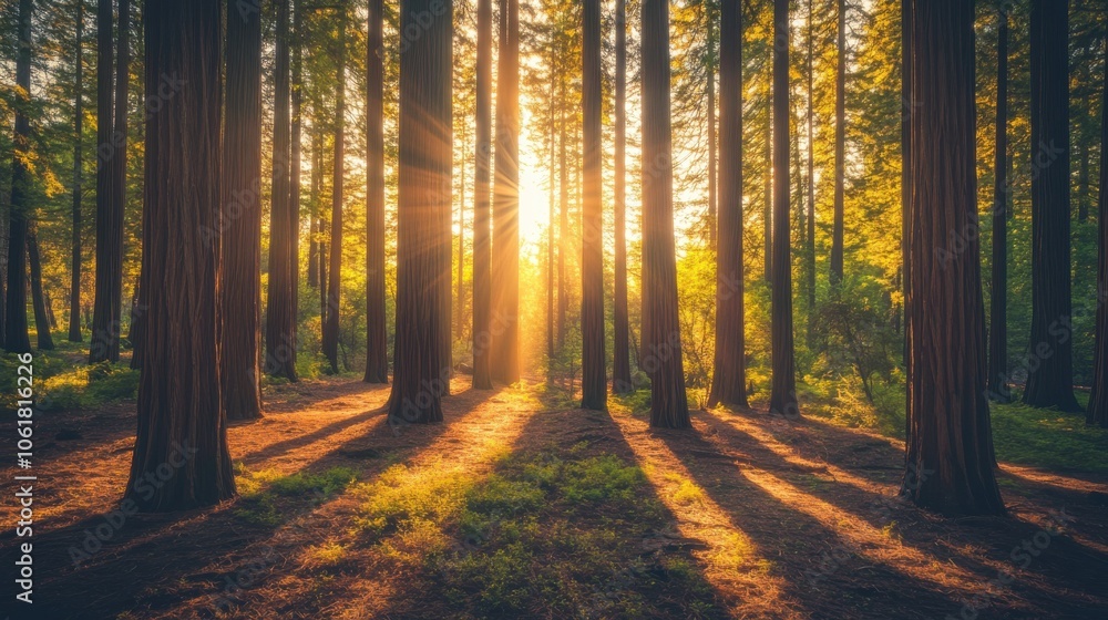 A peaceful twilight stroll through a serene redwood grove with golden sunlight filtering through towering trees A peaceful twilight stroll through a serene redwood grove with golden sunlight filtering through towering trees