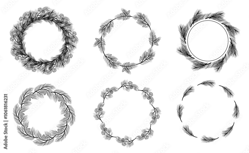 Obraz premium Set of Christmas wreaths. Pine branches festive decoration. Vector sketch design element for greeting card, banner.