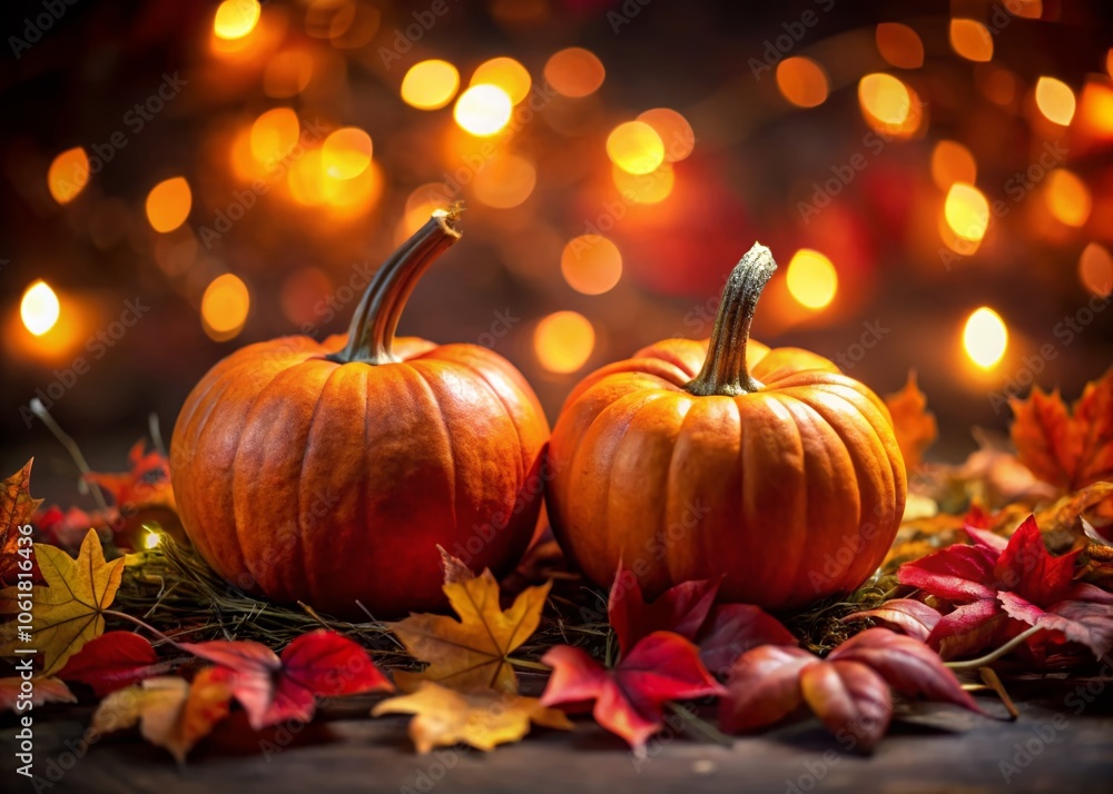 Stunning Night Photography of Two Vibrant Orange Pumpkins Surrounded by Red Autumn Leaves and Soft Glowing Lights for Fall Decor and Seasonal Celebration Stunning Night Photography of Two Vibrant Orange Pumpkins Surrounded by Red Autumn Leaves and Soft Glowing Lights for Fall Decor and Seasonal Celebration