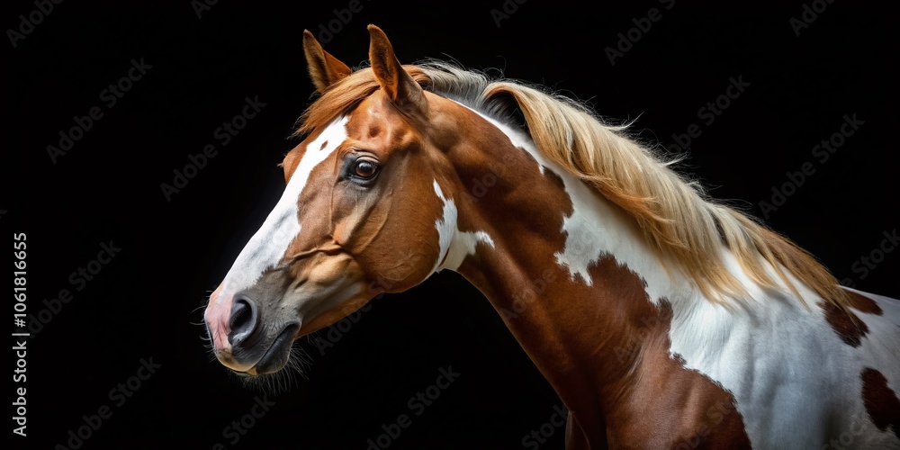Obraz premium Stunning Paint Horse Headshot on Black Background - Majestic Equine Portrait for Horse Lovers and Art Enthusiasts