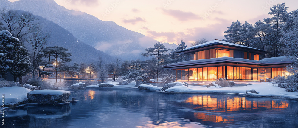 Fototapeta premium Paysage apaisant d'un onsen japonais en illustration vectorielle