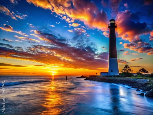 Stunning Silhouette of Barnegat Lighthouse at Dusk on the Jersey Shore, Capturing the Essence of Coastal Beauty and Tranquility photo