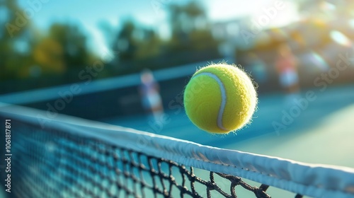 A vibrant tennis ball hovers over a net, capturing the essence of action on a sunny court with blurred players in the background.